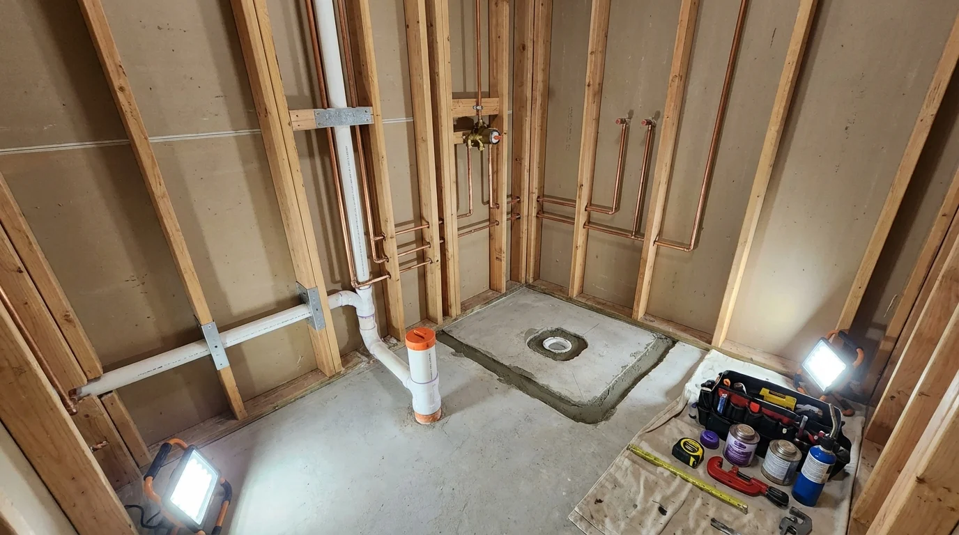 Bathroom rough-in plumbing during remodel by Johns Plumbing LLC in Beecher