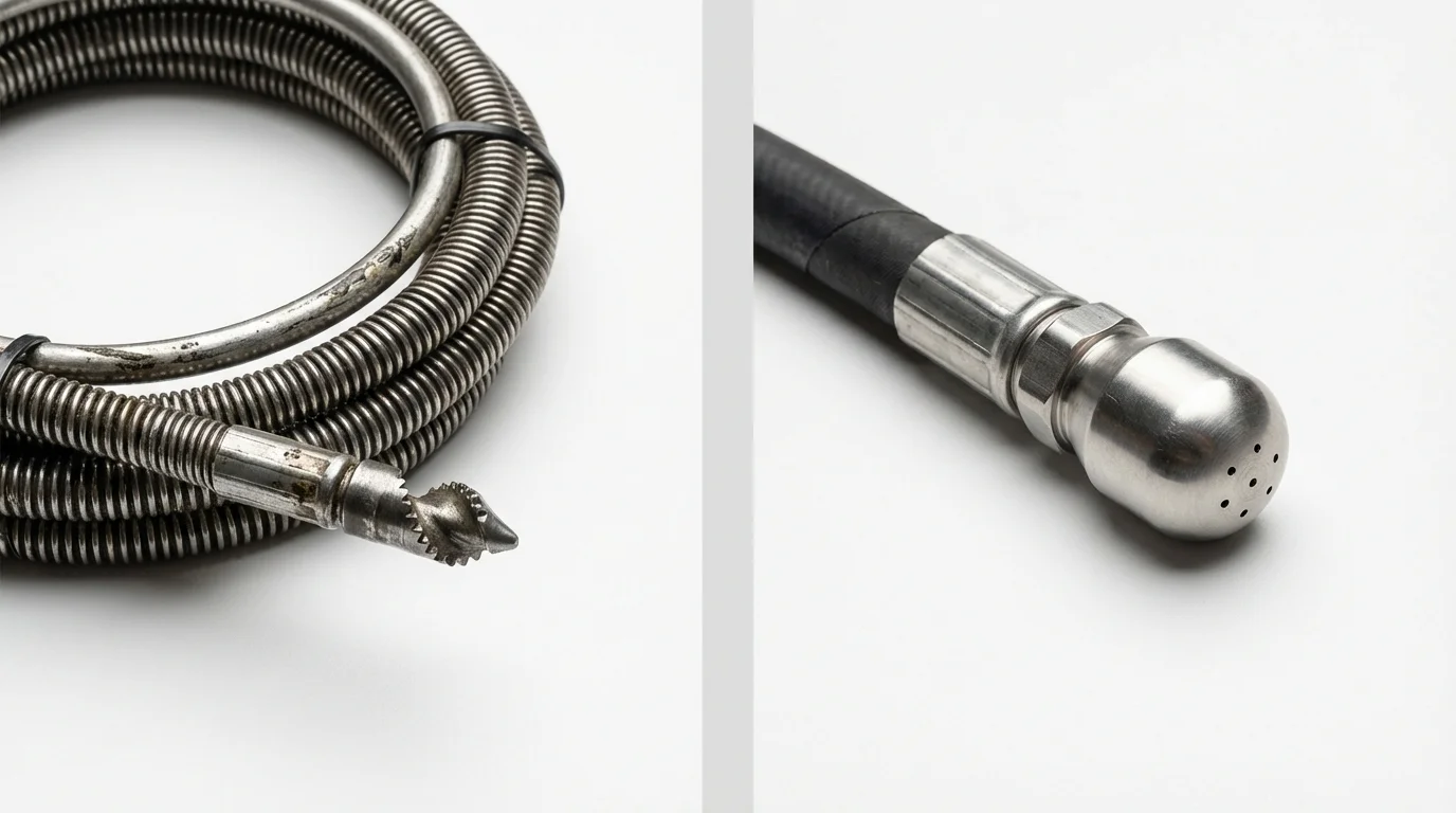 Drain snake cable and hydro jetting nozzle used for drain cleaning in Beecher, IL