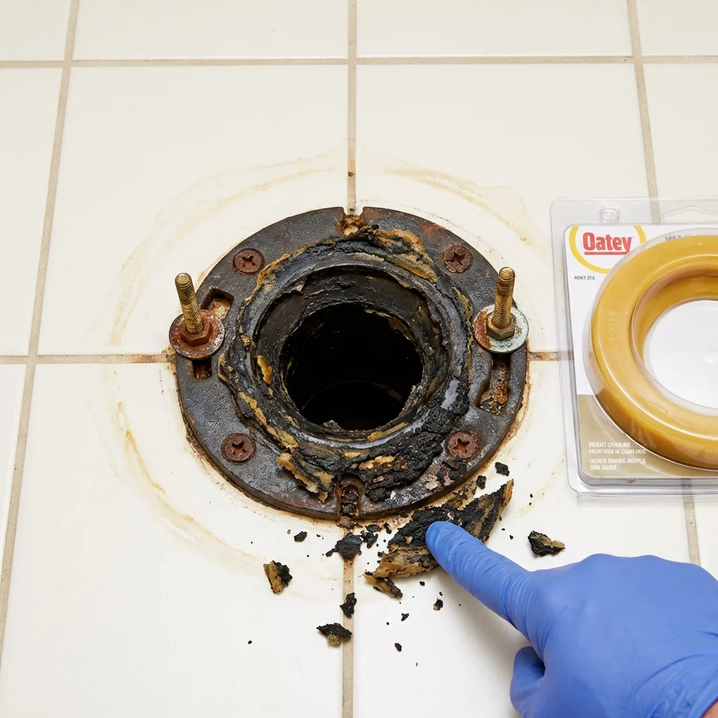 Failed wax ring showing water seepage at the base of a toilet in a Beecher, IL home