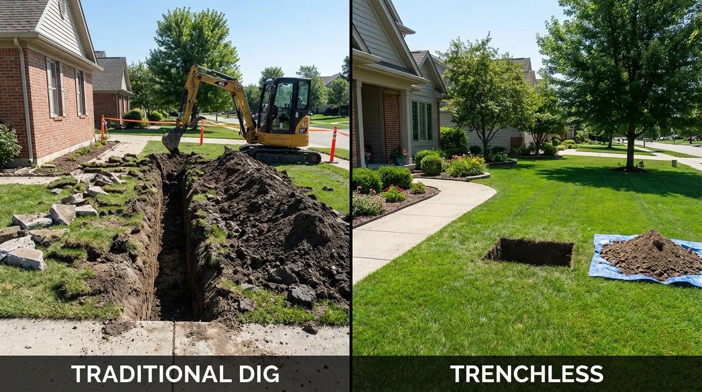 Trenchless sewer repair with minimal yard damage versus traditional excavation in Beecher, IL