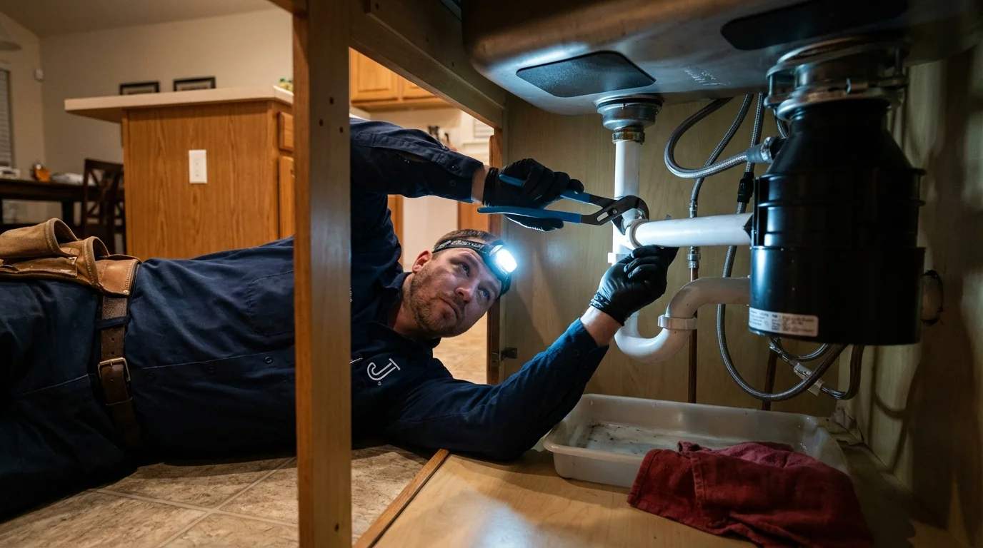 P-trap and supply line connections under a kitchen sink showing a common leak point in Beecher, IL